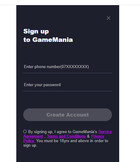 Gamemania Kenya Account & App Registration and Login. Gamemania Kenya registration form