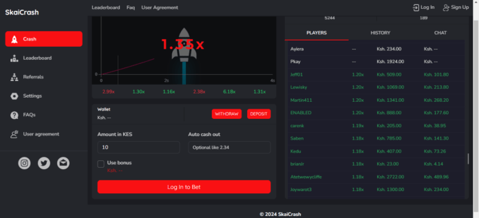 SkaiCrash Kenya Account & App Registration and Login. SkaiCrash Kenya is an aviator game that mimics a flying rocket accompanied by a display of increasing odds.